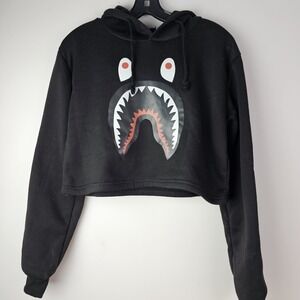 Shark Bite Cropped Pullover Hoodie Sweatshirt Womens Black Large Casual Ears